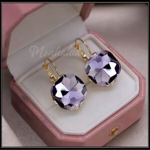 New Gold Faceted Smoky Lavender Crystal Drop Leverback Earrings